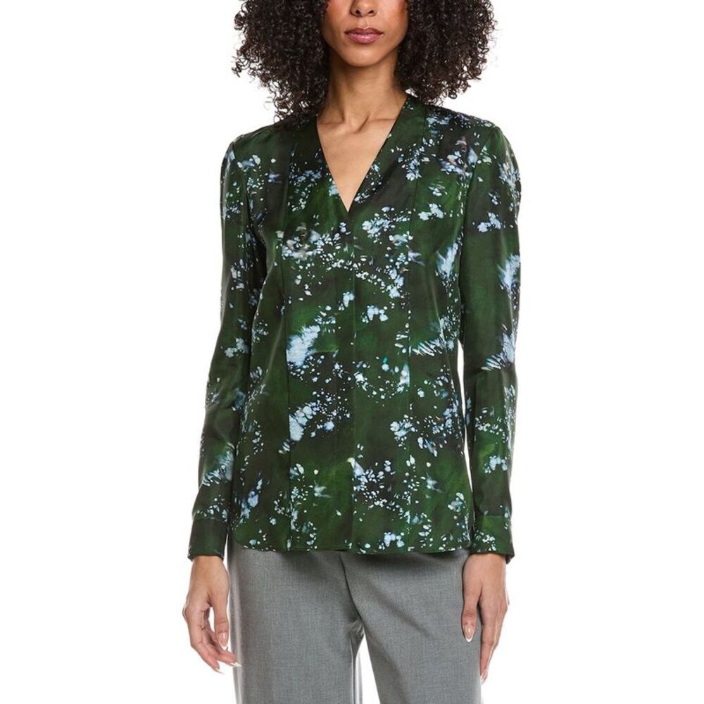 Lafayette 148 New York Womens  Printed Silk Blouse, Green